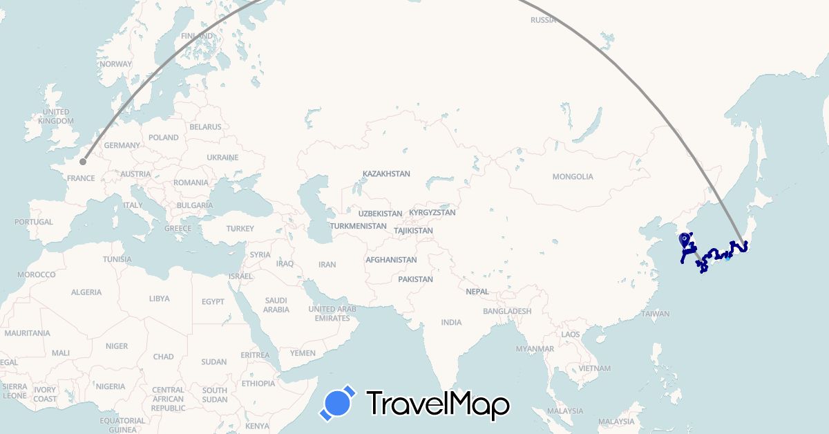 TravelMap itinerary: driving, plane, boat in France, Japan, South Korea (Asia, Europe)